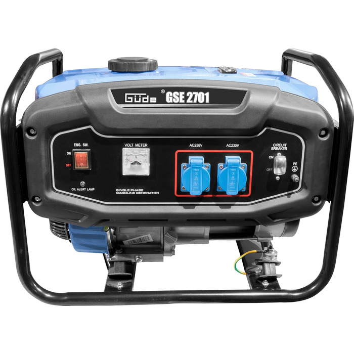 Генератор Gde GSE 2701 (4-тактний двигун, бензиновий, 3,2/4,4 (кВт/к.с.), 2 розетки 230 В, макс. 2200 Вт, час роботи до 17 год, бак 15 л, автоматичний регулятор напруги (ARV), захист від перевантаження, несуча рама, перевірено TV/GS)