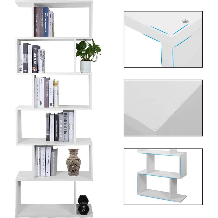 Ярусна книжкова полиця Mondeer, біла, S-подібна дерев&39яна полиця, офісна полиця з місцем для зберігання для вітальні та спальні, 70x24x190,5 см, 6-