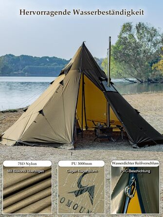 Намет TOMOUNT Tipi з нейлону, індіанський намет з високим хребтом для 6 осіб, пірамідальний намет з отвором для плити, 4-сезонний кемпінговий намет для активного відпочинку, кемпінгу, пішого туризму, трекінгу, самостійного виготовлення