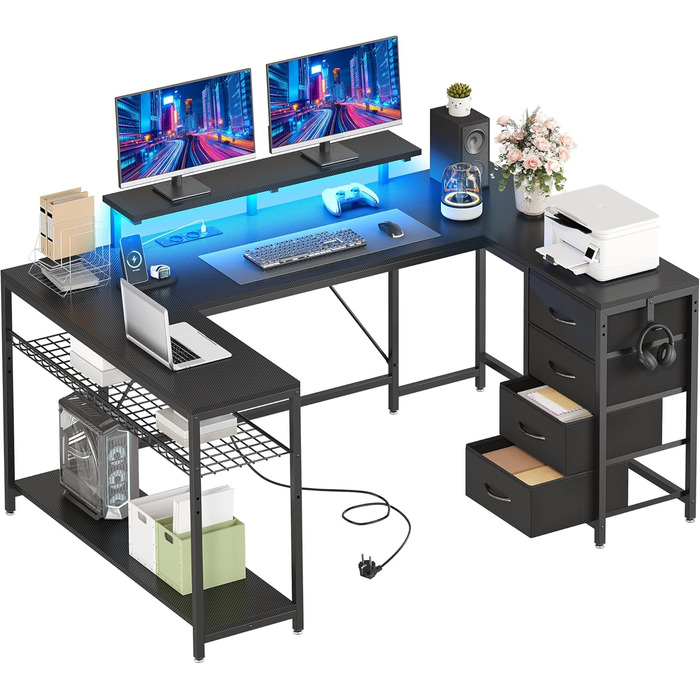 Кутовий письмовий стіл YITAHOME з 4 шухлядами, розеткою, USB та LED-підсвіткою, 158 см, чорний