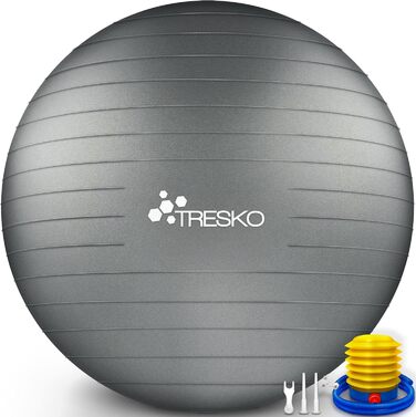 М'яч для вправ TRESKO з FREE плакатом з повітряним насосом - м'яч для йоги без бісфенолу А Сіцбол Бюро Захист від вибуху 300 кг (Сірий, 75см (для зросту 175 - 185см))