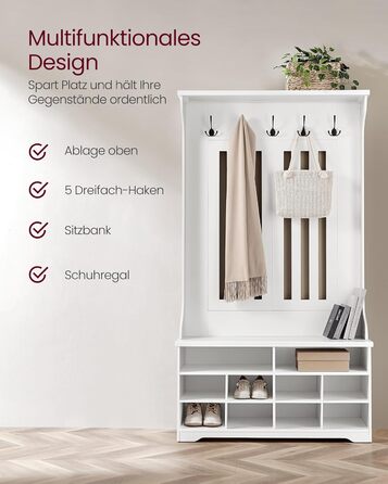 Вішалка для верхнього одягу VASAGLE з лавкою для взуття, шафа, місце для зберігання взуття, 5 потрійних гачків, окремостояча, компактна, для вхідної зони, коридору, регульовані полиці, хмарно-білий HSR404T10