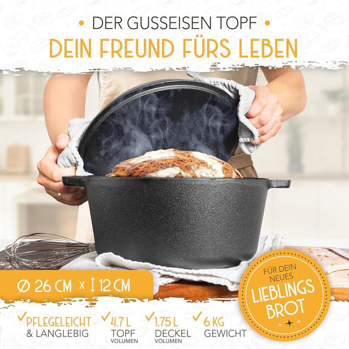 КОРЖ MAGIC 26 см Чавунний горщик для випічки хліба з кришкою - Міцна форма для випічки хліба з кришкою - Ідеальний горщик для хліб