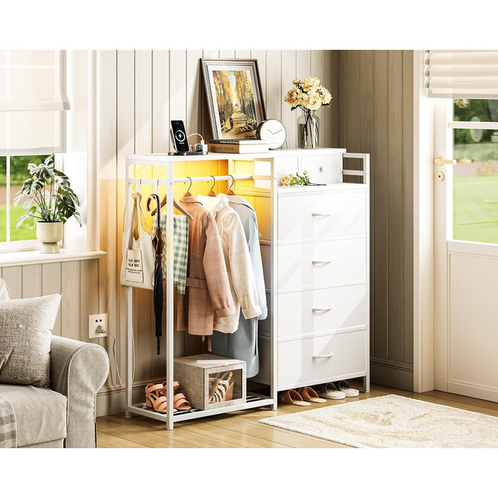 Комод Coleshome з вішалкою для одягу, світлодіодним освітленням та розеткою, двосторонній дизайн з 6 шухлядами, тканинний комод для спальні та вітальні, 110 x 30 x 106 см, білий