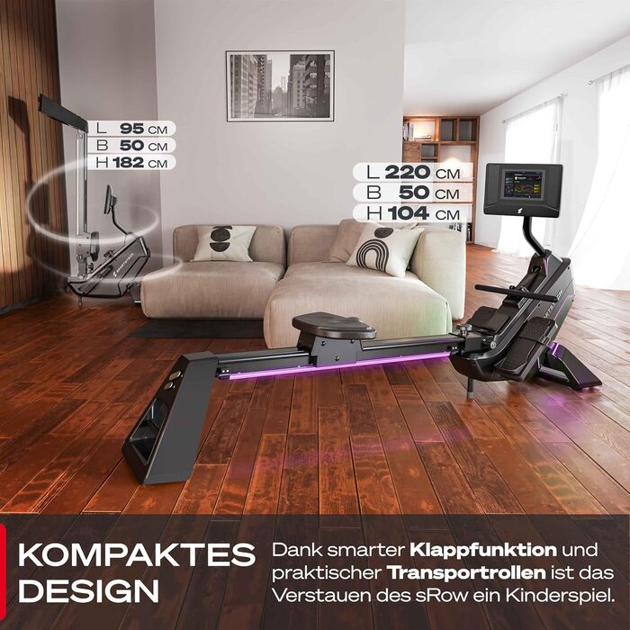 Гребний тренажер преміум-класу Sportstech sRow/10 дюймів/Lite для домашнього використання сенсорний дисплей/ручка - якісний німецький бренд - додаток з тренуваннями та курсами тренувань, складний гребний тренажер зі світлодіодною технологією, домашній спо