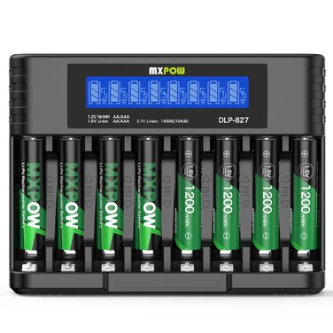 Літієві батарейки AAA 1,5 В, 8 шт. із зарядним пристроєм, висока ємність 1200 мВтгод, 1500 циклів розрядки/зарядки, акумуляторні батарейки AAA, тривалий термін служби з інтелектуальним зарядним пристроєм з РК-дисплеєм