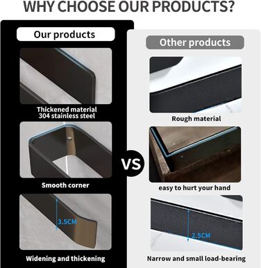 Самоклеючий рушникосушка чорний 25см SUS304 Рушникосушка з нержавіючої сталі без свердління Підвісна рушникосушка для ванної кімна