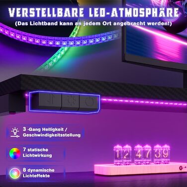 Ігровий стіл JUMMICO 14060 см з розеткою та LED-підсвіткою, реверсивний комп'ютерний стіл з підставкою для монітора, шухлядами, полицею та гачком для навушників, вуглецеве волокно, чорний