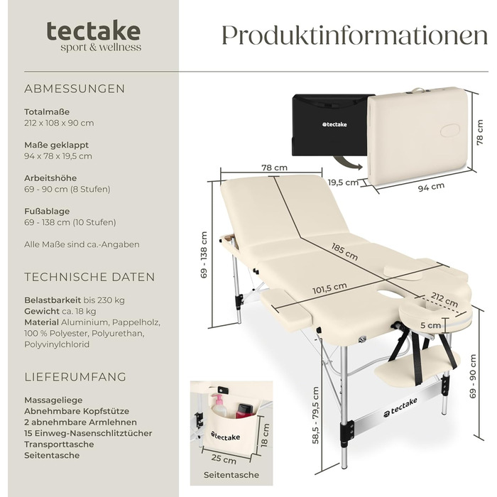 Зонний масажний стіл, складний масажний стіл, регульований по висоті алюмінієвий масажний стіл, портативне масажне ліжко з аксесуарами, підголівник, підлокітник, сумка для перенесення - бежевий. Ширина без підлокітників 78 см. Бежевий., 3-