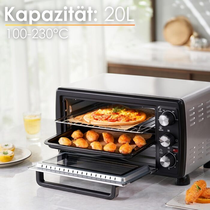 Міні-піч 20 літрів Піч для піци Міні піч Духова шафа 3в1 з конвекцією знімна пластина для крихт 1,400 Вт Верхній/нижній нагрів Нержавіюча сталь Таймер на 60 хв