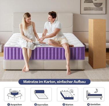 Матрац 160x200 см, рівень жорсткості H4, пружинний матрац, висота 25 см з піною з ефектом пам&39яті, 7-зонний пружинний матрац кишенькової форми з високоякісною піною для підтримки спини, ергономічна підтримка, 160x200x25 см, 25 см (фіолетовий)