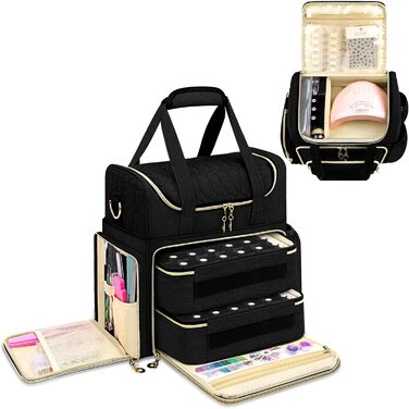 Мішечок для зберігання лаку для нігтів, двошаровий органайзер для 70 флаконів (до 15 мл), портативний мішечок для сушарок для нігтів, ламп для нігтів та аксесуарів для лаків - чорний