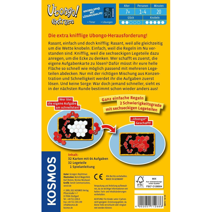 КОСМОС 712686 Убонго extrem, Відома гра в розкладання плитки як додаткова хитра гра для 1-4 осіб, від 7 років, сімейна гра, настіл