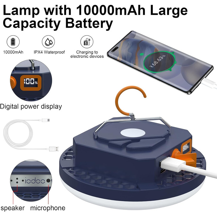 Акумуляторний кемпінговий ліхтар з голосовим керуванням, 10000 мАг, 3000 лм, 4 режими світла, портативне вуличне освітлення з голосовим керуванням, водонепроникні ліхтарі для намету (IPX4).