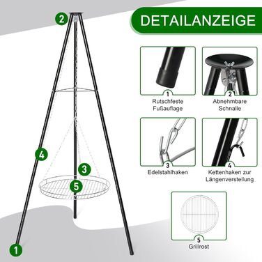 Мангал тринога з регульованою висотою та решіткою 48 см - для пікніків, барбекю, кемпінгу - чорний. Без жаровні.