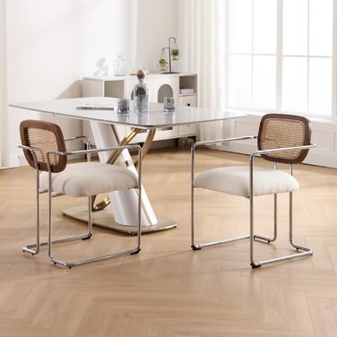 Обідні стільці, комплект з 2 шт. , ретро кухонні стільці зі спинкою з ротанга, м&39які обідні стільці з металевим каркасом та штучним хутром, для їдальні, вітальні, кухні, спальні, холу, білі 2 білі