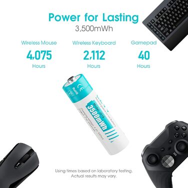 Акумуляторні літієві батарейки типу АА 1,5 В - Висока ємність 3500 мВтгод - 1300 циклів зарядки - 8 батарейок із зарядним пристроєм, швидка зарядка за 2 години, постійна потужність, низький саморозряд, 8 шт. зарядний пристрій, білі