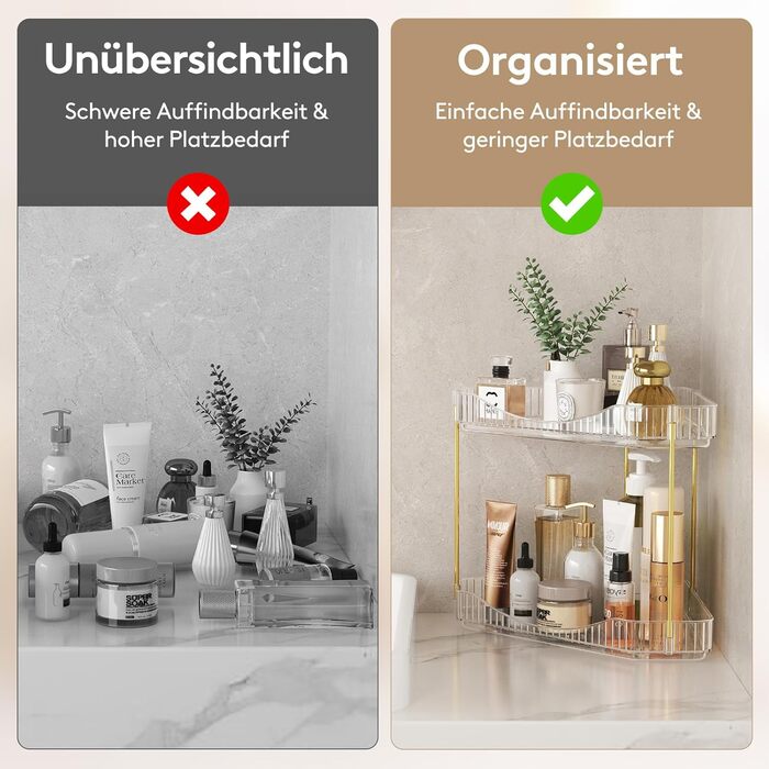 Органайзер для макіяжу Lifewit, органайзер для туалетного столика, міцна кутова багатофункціональна полиця для парфумів/засобів догляду за шкірою/гелю для душу у ванній кімнаті, кухні, спальні, прозорий, 2 рівні (25,4 см заввишки)