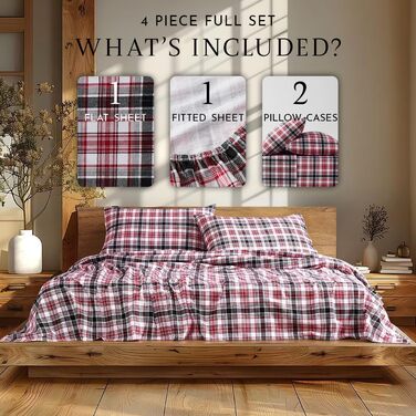 Комплект постільної білизни Linen Closet з м&39якою та затишною фланелевою тканиною, 100 бавовна, двоспальне ліжко розміру &quotqueen-size&quot, тартан кольору воронячого воронового горла (стандарт США)
