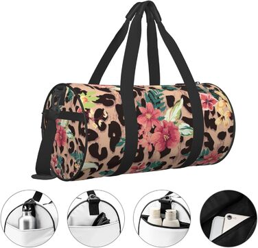 Спортивна сумка, дорожня сумка, вінтажний стиль, леопардовий принт, квітковий малюнок, сумка для подорожей на вихідні, чорний колір, універсальний розмір