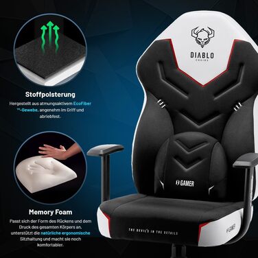 Геймерське крісло Diablo X-Gamer 2.0, офісне крісло, тканинний чохол, ергономічний дизайн, поперекова подушка, м&39яка накладка (чорно-білий), чорно-білий, 128 см x 68 см x 55 см