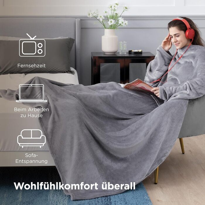Ковдра BEDSURE з рукавами, м&39яка ковдра - різдвяні подарунки для жінок та чоловіків, тепла ковдра з рукавами та ковдра для дивана для дорослих, пухнаста ковдра на все тіло, портативна ковдра, 150x200 см сірого кольору