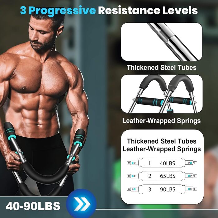 Регульований тренажер для силових тренувань Twister Arm з 3 рівнями опору 40-90 фунтів - U-подібний силовий тренажер для грудей для чоловіків та жінок - еспандер для грудей, тренажер для плечей, зап&39ястя, спини