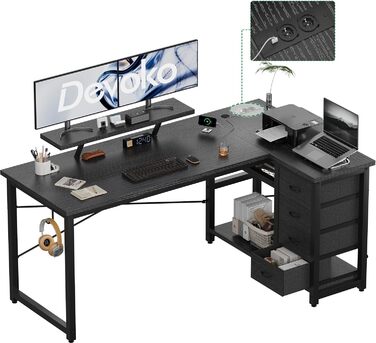 Г-подібний письмовий стіл Devoko з 4 тканинними шухлядами, двосторонній кутовий стіл з 2 розетками та 2 USB-портами, Г-подібний комп&39ютерний стіл для домашнього офісу, чорний, 140x80 см