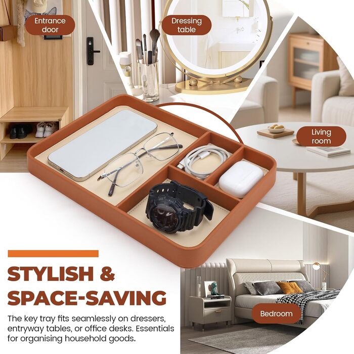 Чоловічий органайзер для столу, 4 відділення, високоякісна штучна шкіра, лоток для всіх тумбочок, тумбочки біля ліжка, кешбек для ключів, годинника, телефону, ювелірних виробів, EDC, коричневий