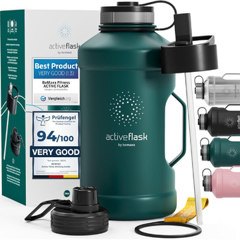 Пляшка для пиття BeMaxx з нержавіючої сталі ACTIVE FLASK соломинка (3 кришки) Велика спортивна пляшка об'ємом 2,2 літра без бісфен