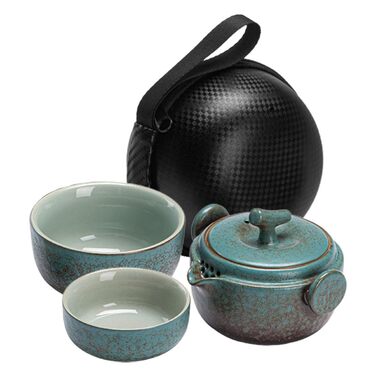 Японський чайний набір для подорожей з керамічної чайнички та чашки. Міцний чохол зі штучної шкіри для любителів чаю та повсякденного використання.