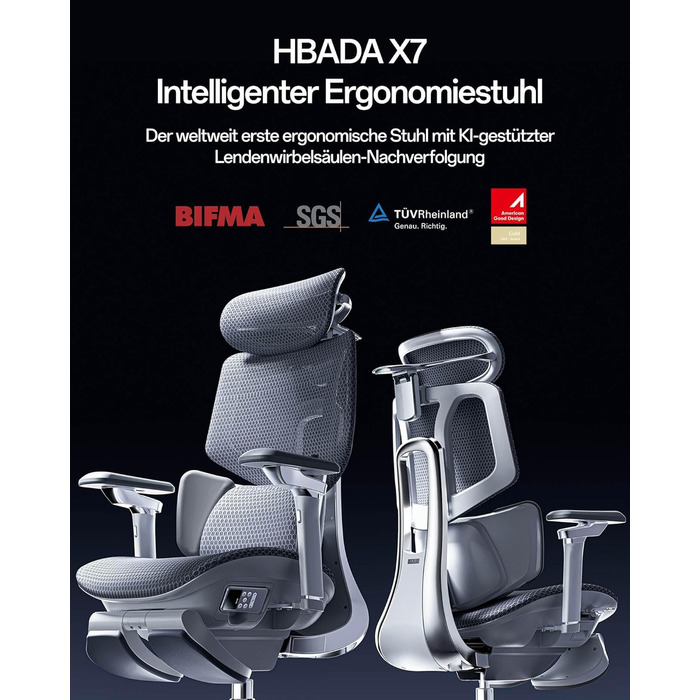 Інтелектуальне ергономічне крісло Hbada X7, офісне крісло, з повністю автоматичною поперековою опорою, регульованим підголівником 4D, регульованими підлокітниками 720, вентильованою подушкою сидіння, функцією повороту, сірим поліпропіленом