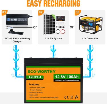 Екологічна батарея LiFePO4 100Ah 12V із захистом від низьких температур BMS і 3000-15000 циклів, літієва батарея 1280 Втгод для автофургону, сонячної панелі, сонячної системи