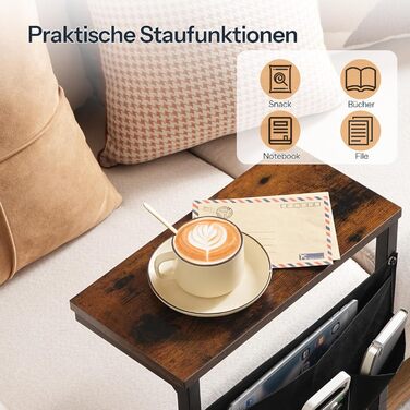 Журнальний столик HOOBRO C-подібної форми, столик до дивана, тумбочка, столик для перекусу, з 4 кишенями з тканини Оксфорд для невеликих приміщень, вітальні, спальні, ванної кімнати, вінтажний коричневий та чорний EBF43SF01