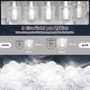 Машина для виробництва кубиків льоду, льодогенератор з нержавіючої сталі, 9 кубиків льоду за 6 хвилин, 12 кг/24 години, 2 розміри кубиків льоду, тихі машини для льоду з портативною ручкою та самоочищенням, для кухні, офісу, бару та вечірки