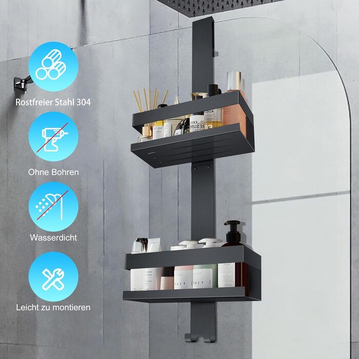 Підвісна полиця для душу з нержавіючої сталі SUS304, без свердління для скляних дверей без рами, тримач для шампуню та гелю для душу, чорний колір (Стиль А)