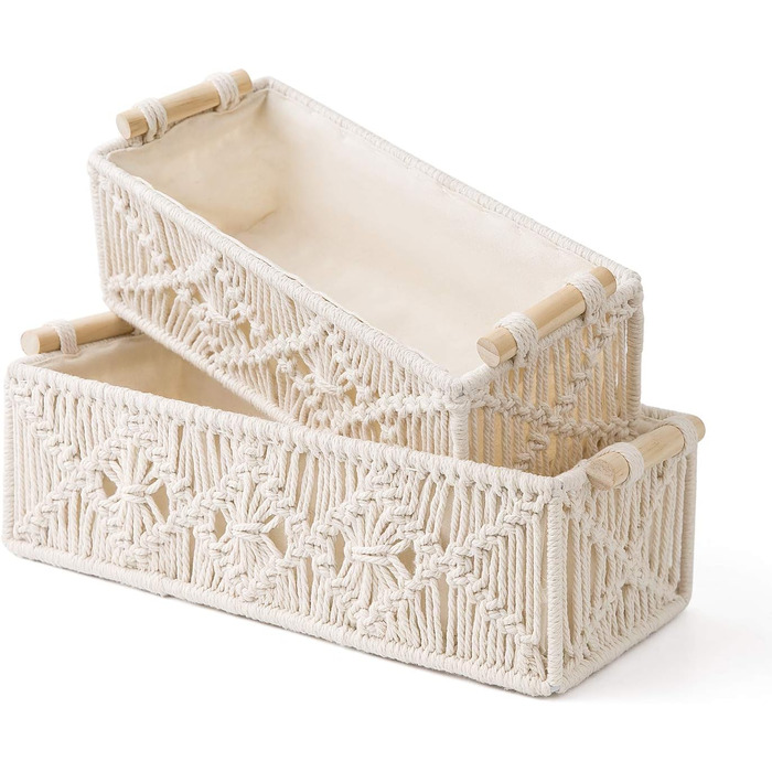 Кошики для зберігання Mkono з макраме, декоративна коробка, ручної роботи, ткана декоративна стільниця, полиця для туалетного бачка, органайзер, бохо, для спальні, дитячої кімнати, вітальні, набір з 2 предметів, кольору слонової кістки