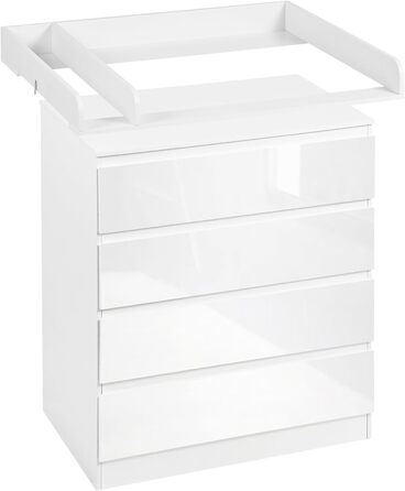 Пеленальний столик WOLTU зі знімною стільницею для пеленання, дитячий пеленальний столик, полиця для пеленання, комод з 4 шухлядами, висота 110 см, білий глянцевий білий глянцевий білий