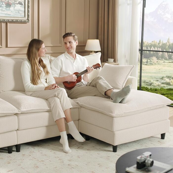 Диван APICIZON з функцією сну, диван &quotХмара&quot, L-подібний диван, кутовий диван - 275x132x80 см, XXL дивани, вельветовий розкладний диван для вітальні, бічна кишеня для журналів, бежевий 275 см - L бежевий