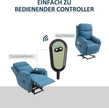 Електричне крісло-реклайнер HOMCOM з підйомником, розкладне крісло з пультом дистанційного керування, бічна кишеня, пружинна основа з кишеньковим механізмом, лляний вигляд, синій, без функції масажу