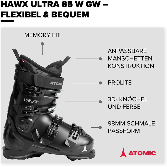 Гірськолижні черевики ATOMIC HAWX Ultra 85 W вузька колодка 98 мм, Memory-Fit, міцний PU-пластик, 3D Stretch у зоні пальців, Black / Anthracite, 39/40