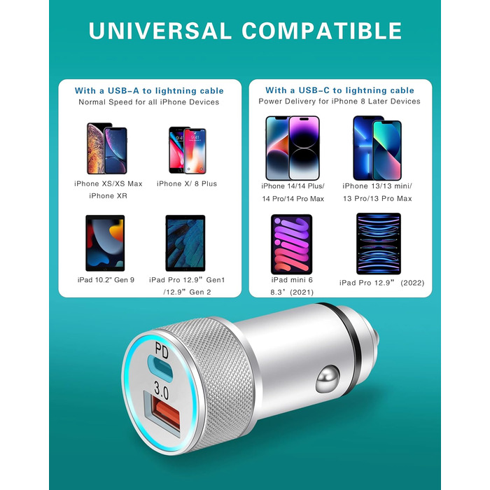 Адаптер LUOSIKE 20 Вт прикурювача USB C з кабелем блискавки 1 м, автомобільний зарядний пристрій для мобільних телефонів, двопорто