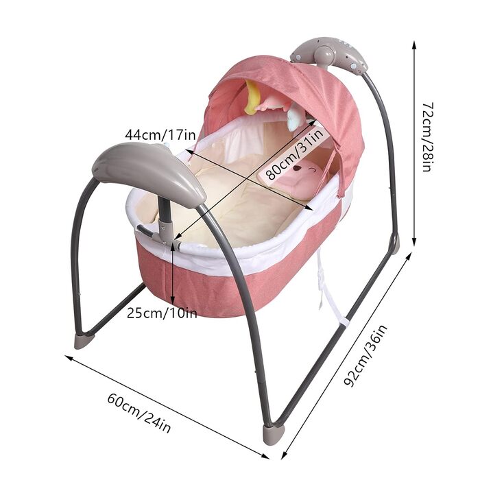 Електрична дитяча колиска Гойдалка для дитячого ліжечка, дитяча колиска, автоматичні дитячі гойдалки та гойдалки, розумний Bluetooth, гойдалка на 30 градусів, 3 рівні часу, до 18 кг, 92.00x60.00x72.00 см (рожевий)