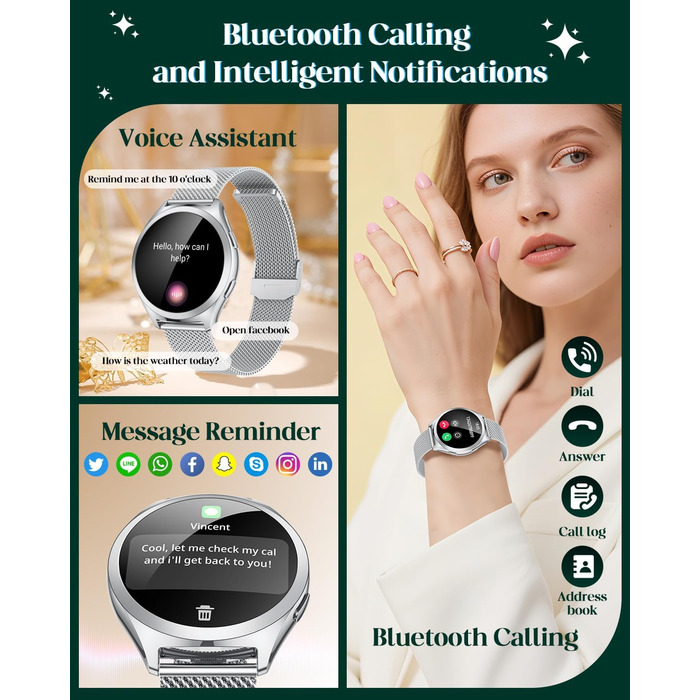 Срібний смарт-годинник для жінок, круглий смарт-годинник для жінок, металевий браслет, функція телефону, крокомір, монітор сну, серцевий ритм, кров&39яний тиск, водонепроникний 1,27 дюйма, маленький тонкий сенсорний екран, спортивний фітнес-годинник