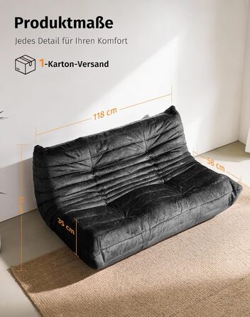 Диван з пінопласту без кісток зручний підлоговий диван з ергономічним дизайном, не потребує складання, диван-мішок для вітальні, спальні, квартири, ігрової кімнати та офісу, чорний двомісний
