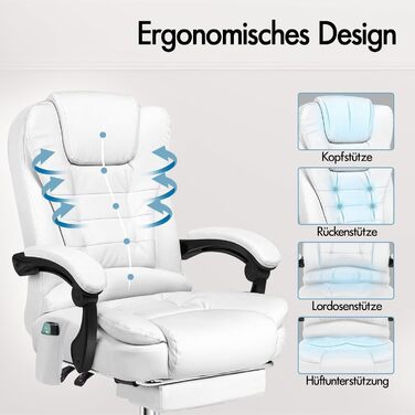 Офісне крісло ALFORDSON з ергономічною поперековою опорою, письмове крісло з підлокітниками та спинкою, обертове крісло з функцією масажу, матеріал PU, регульована висота, білий колір, штучна шкіра