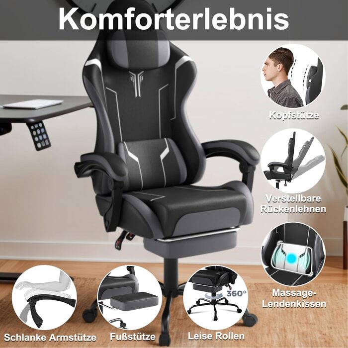 Ігрове крісло з масажем, підставкою для ніг та підголівником, ергономічне ігрове крісло з масажною поперековою подушкою, регульована спинка 90-135, м&39які підлокітники для геймерів - сірий, чорний та білий