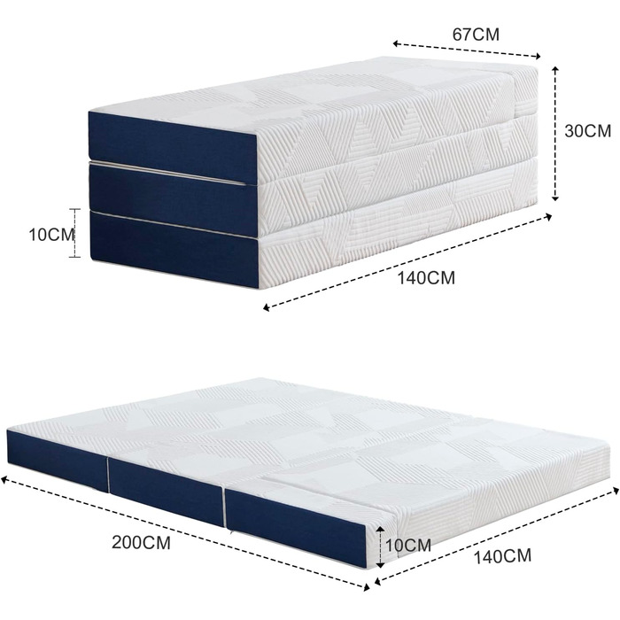 Складаний матрац 120 x 195 x 15 см, 4-секційний, складний - Складаний матрац зі знімним чохлом, гостьовий матрац для подорожей, кемпінгу, гостьове ліжко (білий та синій) 120x195x15 15,0 сантиметрів