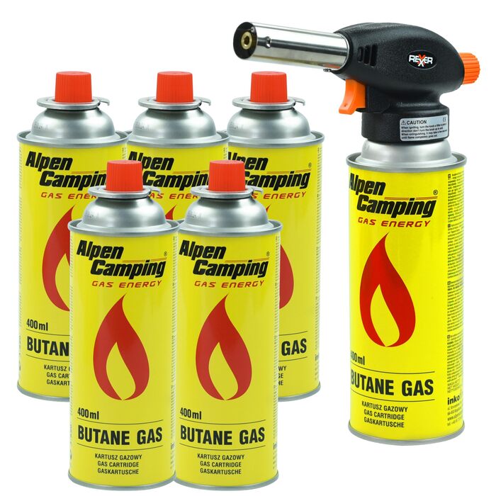 Комплект газових пальників REXXER 1100 Вт з 6 газовими картриджами по 227 г / 400 мл кожен, п&39єзорозпал, регулювання полум&39я, до 1300 C RB-04-105