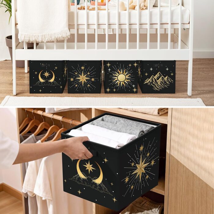 Коробка для зберігання 30 см, 3 шт. и, кошик для зберігання &quotСонце та місяць&quot, небесний, дитячий, складний, сучасний, середини століття, з ручками, куб-органайзер для зберігання іграшок, книг та одягу, чорно-золотистий